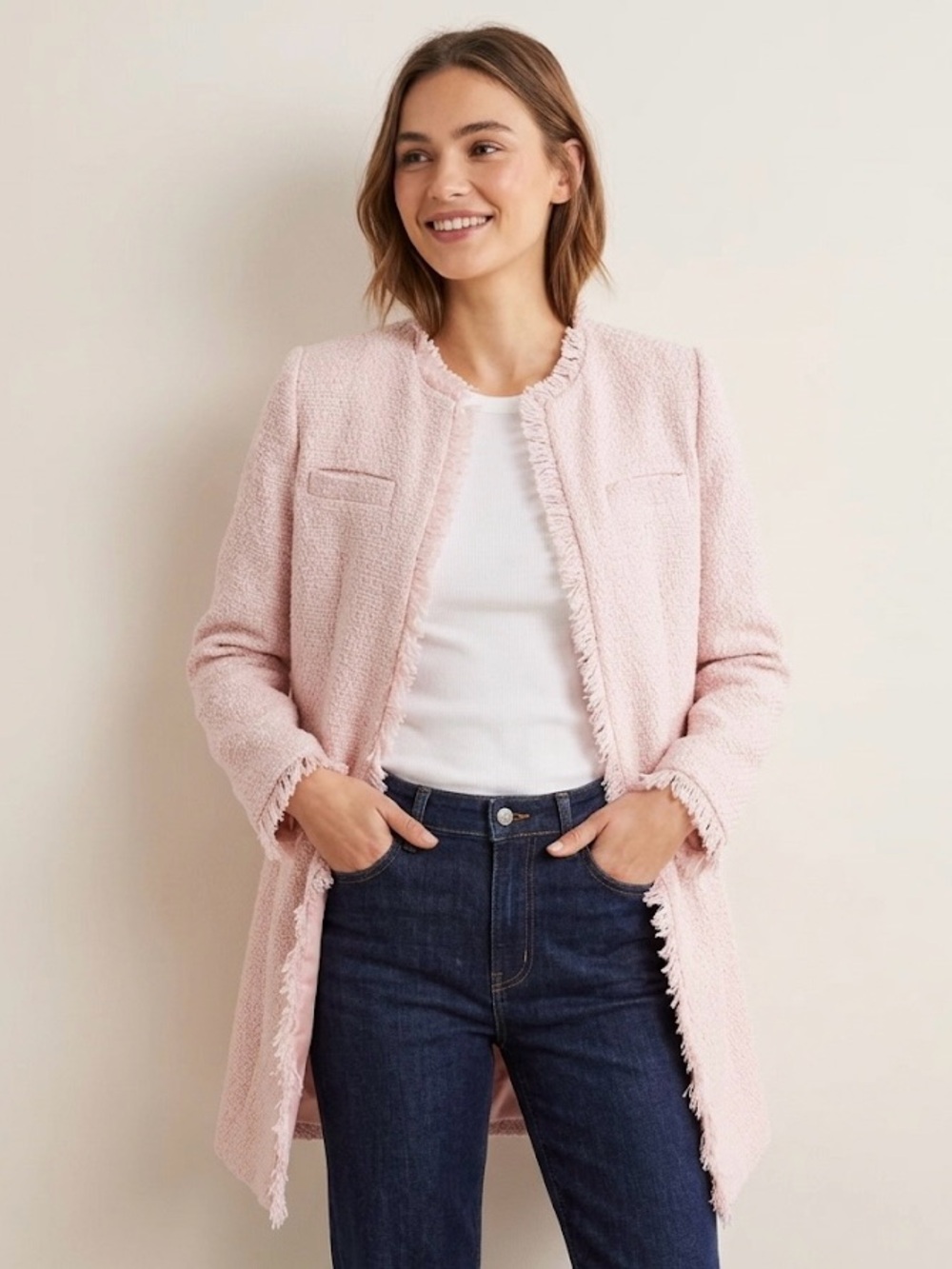 💗 NWOT 💗 Venus - Pink Bouclé Tweed Open Front Jacket with Fringe Detail (size 4)
